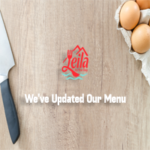 New Dishes to Try at Leila by The Bay! - Partial view of a knife and a tray of eggs, logo and text.