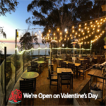 Leila by the Bay - Open on Valentine's Day - Leila by the Bay Patio, logo and text.