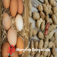 Leila by the Bay - Dining Out with Food Allergies - Updated - Collage images of eggs and Peanuts, logo and texts.