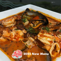 Leila by the Bay - 2025 New Menu - FI - Leila by the Bay dish, logo and texts.